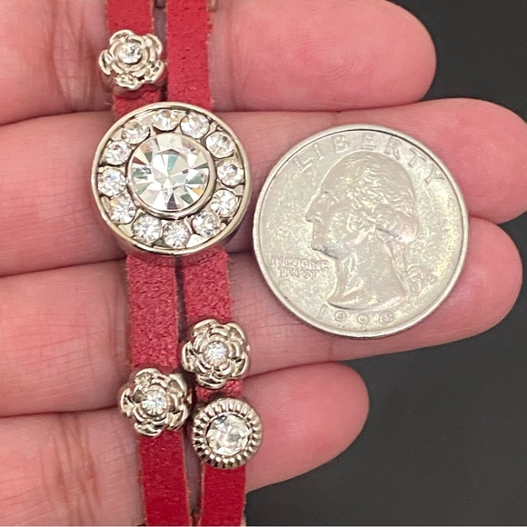 Red Genuine Leather Rhinestone Charms 7 1/2” Toggle Bracelet 36g. - Picture 12 of 15